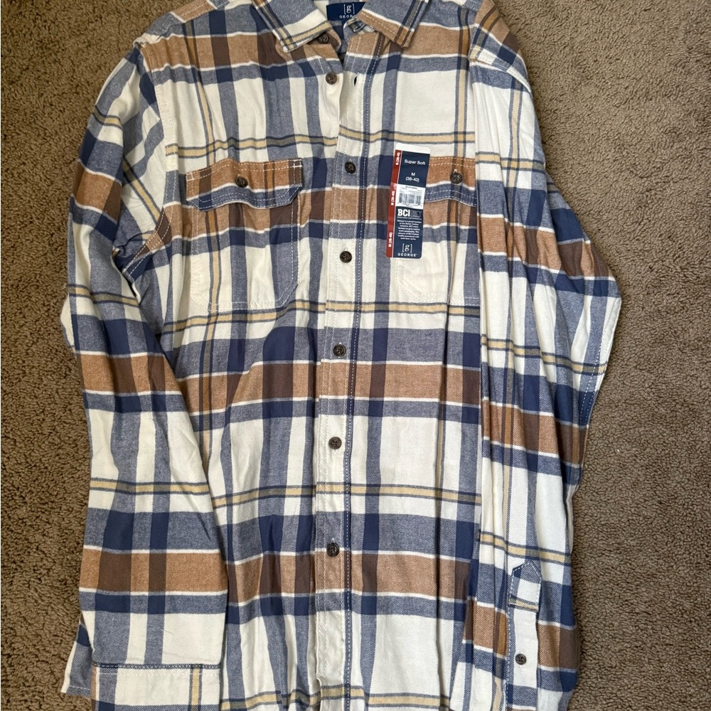 George Blue and Brown Plaid Button-Down Shirt